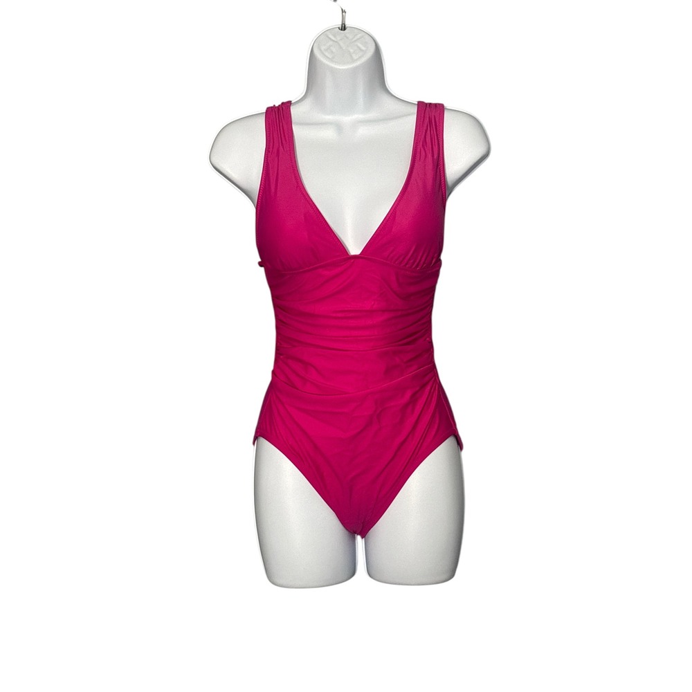 J Crew Pink Ruched One Piece Swimsuit V Neck Tank Bathing Suit Barbiecore